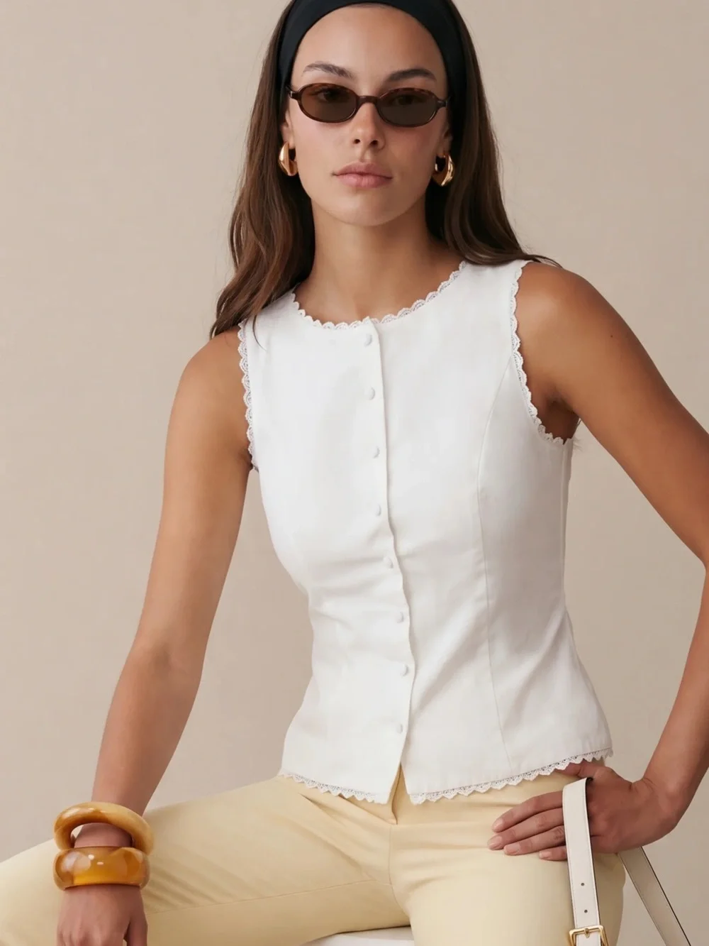 Sleeveless White Button-Front Top with Lace Trim - Picture 4 of 12